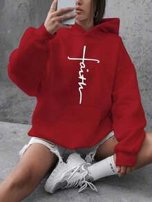 Christmas Outfit WomenA Women's Casual Hooded Sweatshirt With "Faith" Printed On It, Autumn/Winter Knit Long-Sleeve Sweatshirt With Pockets, Suitable For Various Occasions.Loose And Comfortablewinter Clothes For Women - (紅色的) - 查看 1