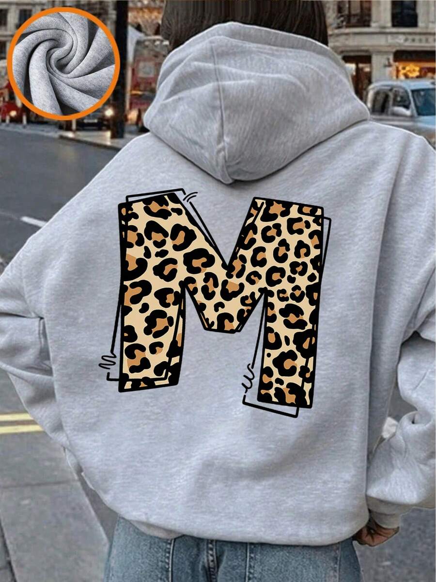 1件少女休闲印花套头卫衣，保暖内衬，长袖，秋冬季 - 淺灰色 - 查看 1