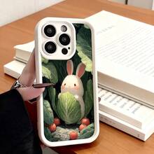 Cubierta de teléfono con borde negro diseño de conejo blanco con col y tomates verdes para iPhone 14 Pro Max estilo kawaii ideal para uso diario y regalo - Negro - Ver 3