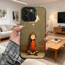 Cubierta de telefono con diseño de dibujos animados color marron claro con niño sentado en pared de ladrillo para uso diario en casa y viajes Aplicable a teléfonos Apple y Galaxy - Blanco - Ver 1