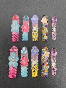 10-Piece Pure Handmade Nail Press Nails 55mm Square Ultra-Long Nails French Leopard-Print Nails Multi-Color With Three-Dimensional Styling Glue Carving Technology Butterfly Two Diamonds And Other Accessories Cute Fashion Versatile Suitable For Women To Wear Three Sizes Can Be Selected For A Variety Of Occasions Party Ball And Daily Wear - 彩色 - 查看 2