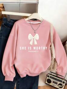 少女字母蝴蝶结印花圆领长袖套头卫衣 - 粉色 - 查看 1