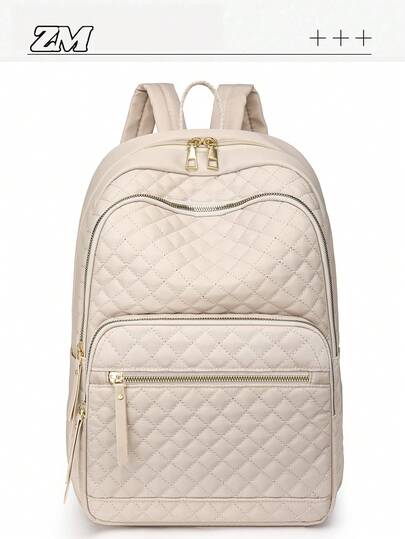 女士尼龙纯色绗缝大容量多功能背包，简约休闲学生背包，通勤包