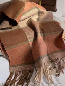100% Wool Plaid Scarf, Versatile British Style Colorblock Warm Shawl Wrap, Winter - Khaki Orange - View 2