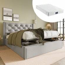 Upholstered Double Hydraulic Bed 140x200cm, Bed With Metal Mesh Frame, Modern Bed Frame With Storage, Cotton, Light Grey - LIGHT GREY + Cotton - View 12
