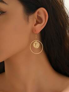 1 Pair Casual Geometric Circle Coin Pendant Earrings, Elegant Women's Jewelry, Versatile For Daily Wear, Holidays, Parties, Vacations - Golden - View 3