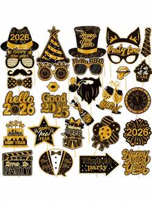 1个2026新年纸质相框 + 30个手持拍照道具，新年主题黑金彩色趣味帽子、眼镜、胡子、领带、西装等拍照道具，派对装饰套装，新年礼物