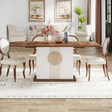 LITTLE TREE 55" Rectangular Dining Table For 4 To 6 People, Farmhouse Wood Dinner Table For Kitchen, Dining Room & Living Room - 棕色和白色 - 查看 9