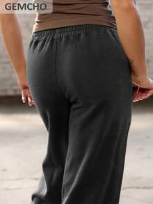 GEMCHO Women's Polyester Sweatpants With Pockets, Knit Fabric With Slight Stretch, Casual Running Pants, Activewear, Suitable For All Seasons - Dark Grey - View 3