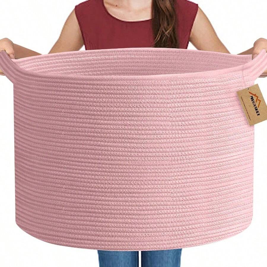 Extra Large Pink Basket 22"X22"X14" Woven Cotton Rope Bin With Handles Blanket Storage For Living Room Baby Toy Storage Bin Box Wicker Laundry Basket Pink Room Decor Organizing - Pink - View 1