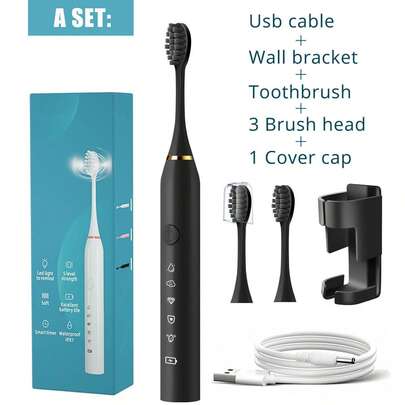 1 periuță de dinți electrică cu 3 capete de periuță de schimb, reîncărcabilă USB, 5 moduri de curățare, 1 set include suport de perete pentru baie și suport de depozitare, capac pentru capul de periuță de călătorie (capac de protecție portabil), impermeabilă IPX7, albire a dinților și îngrijire orală pentru adulți