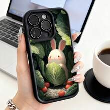 Cubierta de teléfono con borde negro diseño de conejo blanco con col y tomates verdes para iPhone 14 Pro Max estilo kawaii ideal para uso diario y regalo - Negro - Ver 1