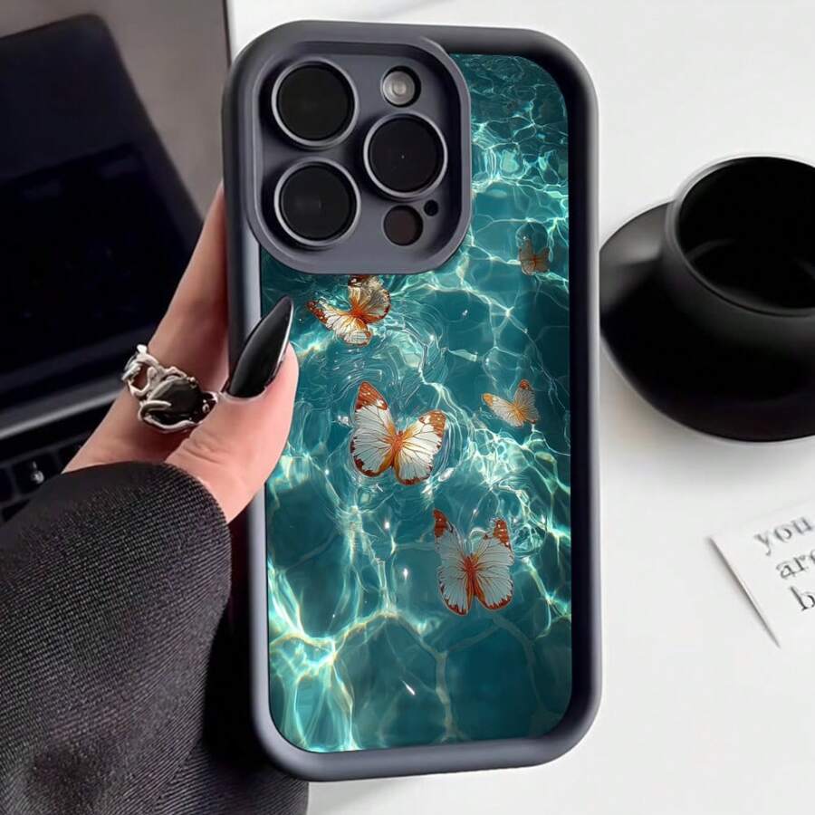 Funda para iPhone con borde negro y diseño de mariposas sobre agua turquesa para uso diario y estilo elegante - Blanco - Ver 1