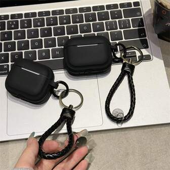 1pc Minimalist Solid Black Silicone Soft Case + Lanyard Bluetooth Earphone Case Protective Cover Compatible With Apple 1st/2nd/3rd/Pro/Pro 2nd Gen, Creative Design