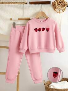 2件套女童秋冬长袖圆领卫衣和运动裤套装，时尚亲肤，柔软舒适 - 粉色 - 查看 1