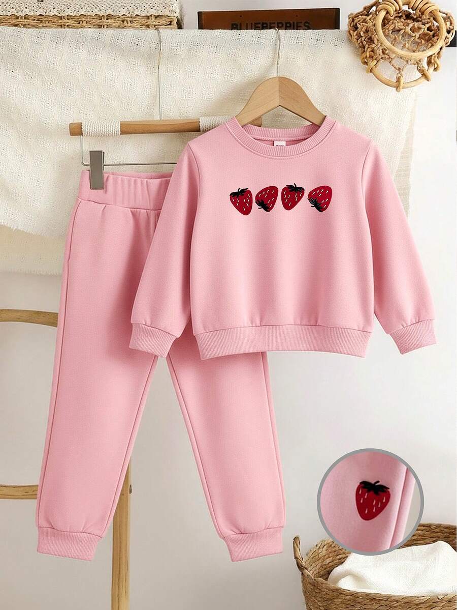 2件套女童秋冬长袖圆领卫衣和运动裤套装，时尚亲肤，柔软舒适 - 粉色 - 查看 1