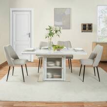 Modern Rectangular Dining Table, 120cm-160cm, Extendable, With Printed Black Marble Top + MDF X-Shaped Table Leg With Metal Base - Putih + Kaca + MDF + Baja + Ruang Hidup Utama - View 4