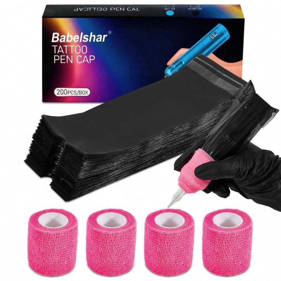 GSYY 200Pcs Black Tattoo Machine Covers And 4 Pink Gr Tape 7.2 X 2.5 Inch Diosable Essional Sealable Tattoo Pen Covers Supplies And Accessories - Black - View 1