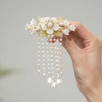 مشبك شعر أنيق بطراز رجعي مزين بزهرة السوسن والشرابات، مناسب للهانفو والتشيباو، مع نابض مرن، أغراض المدرسة، زهرة، ملابس عطلة المرأة