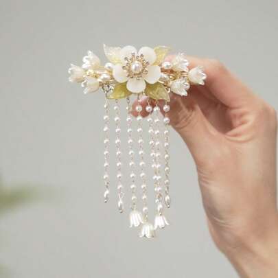 1 pièce Élégant clip à cheveux de style rétro avec décoration de lys et de gland, convient pour Hanfu et Qipao, avec ressort flexible, accessoire scolaire, fleur, tenue de vacances pour femme, accessoire capillaire, accessoire de tête, épingle à cheveux