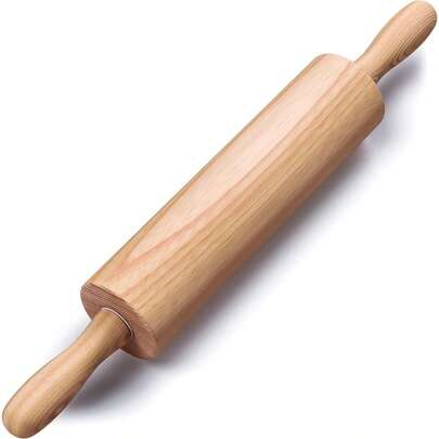 1pc Classic Beech Wood Rolling Pin 17.6" - Rotating Ergonomic Handles Dough Roller For Pizza Pastry Bread Baking