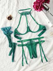 weiweihu Wild Cupless Fishnet Lace Stitching Mesh Open Crotch Panties Ladies Sexy Underwear Set,Lingerie Set, Multi-Color Optional Sexy Set: Underwear With Steel Ring Empty Cup + Open File Underwear + Garter Belt + Fishnet Socks,Y2k,Halloween Costumes,Lenceria Sexy Para Mujer,Lingerie For Women,Lencería,Pink Lingerie,Blue Lingerie,White Lingerie,Halloween Costumes For Women,Vestidos Para Navidad Mujer,Muñeca  Adultos - 墨綠色 - 查看 4