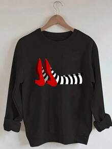 Women's Red & Black Striped Iconic High-Heel Shoe Print Sweatshirt - Wizard Of Oz Inspired Casual Crewneck Sweater, Machine Washable Long Sleeve Blouse For Halloween Costumes & Casual Attire, Sweaters For Women, Halloween Sweater, Sweatshirt For Women, Halloween Sweaters For Women, Fall Clothes For Women, Womens Tops, Women Clothes, Sweatshirt WomenWomen's Crew Neck Sweatshirt, New Autumn/Winter Arrival For Everyday Casual Wear Unisex Plus Size Sweatshirts - 黑色 - 查看 1