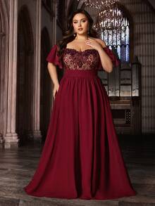 Vestido formal largo elegante de mujer talla grande con volantes en el hombro y dobladillo de gasa con aplicaciones - Burdeos - Ver 1