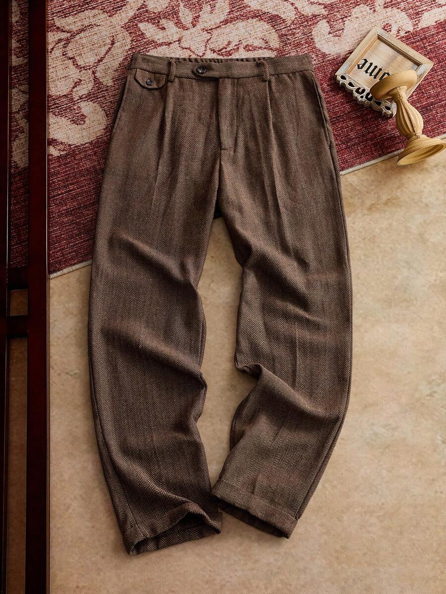 男士梭织休闲日常宽松直筒裤 男士褶裥裤 男士棕色裤 男士阔腿裤 男士褶裥长裤 男士高腰裤，秋季款 - 咖啡棕 - 查看 1