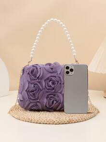 1pc Elegant 3D Rose Flower Shoulder Bag, Metal Chain Crossbody Bag, Faux Pearl Handbag, Women's Party Dress, Party Bag, Holiday Party Dress, Valentine's Gift, Bridal Bag, Bridesmaid Bag, Suitable For Party, Date, Wedding, Evening (Pattern Random) 1pc Fashionable Floral Handbag, Pearl Decor Chain Shoulder Bag, Floral Fabric, New Summer Fashion Women Bag, Versatile Crossbody Bag, Shoulder Bag, Lightweight Clutch Suitable For Party, Nightclub, Shopping, Date , Purple - Lilac Purple - View 5