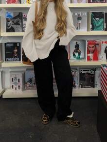 Plus Size Fall Winter New Elegant High-End Chic Women's Sweater,Long Sleeve Solid Color Round Neck Knitted Top,Dropped Shoulder Loose Cropped Casual Pullover, Autumn/Winter Clothes For Going Out Outfits,Night Out, Parties, Date Night, Country, Homecoming, Casual, Holiday Vacation Christmas Top - Teeth White - View 4