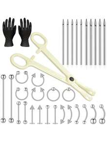 Set de 32 piezas de herramientas para perforación corporal que incluye 1 pinza para perforar, 10 agujas de perforación de acero inoxidable y 20 joyas de perforación para oreja, labio, ombligo y lengua - Plateado - Ver 12