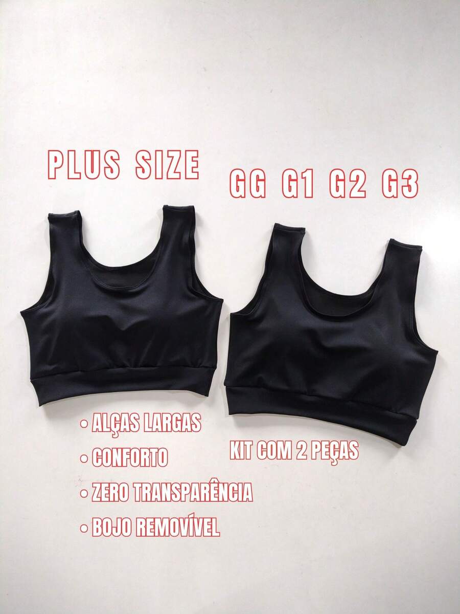 KIT 2 Tops Suplex Com Bojo Removível Plus Size Tecido Duplo Cós Largo Conforto Academia Cropped Fitness - Preto - Visão 1