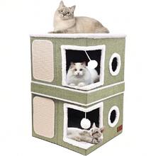 2-Story Cat House For Indoor Cats, Dual-Purpose Cave Bed With Scratch Pad And Fluffy Ball, Foldable Cat Hideaway, Cute Condo Furniture For Multi Small Pet Kitten, Green,28012215 - 軍綠色 - 查看 1