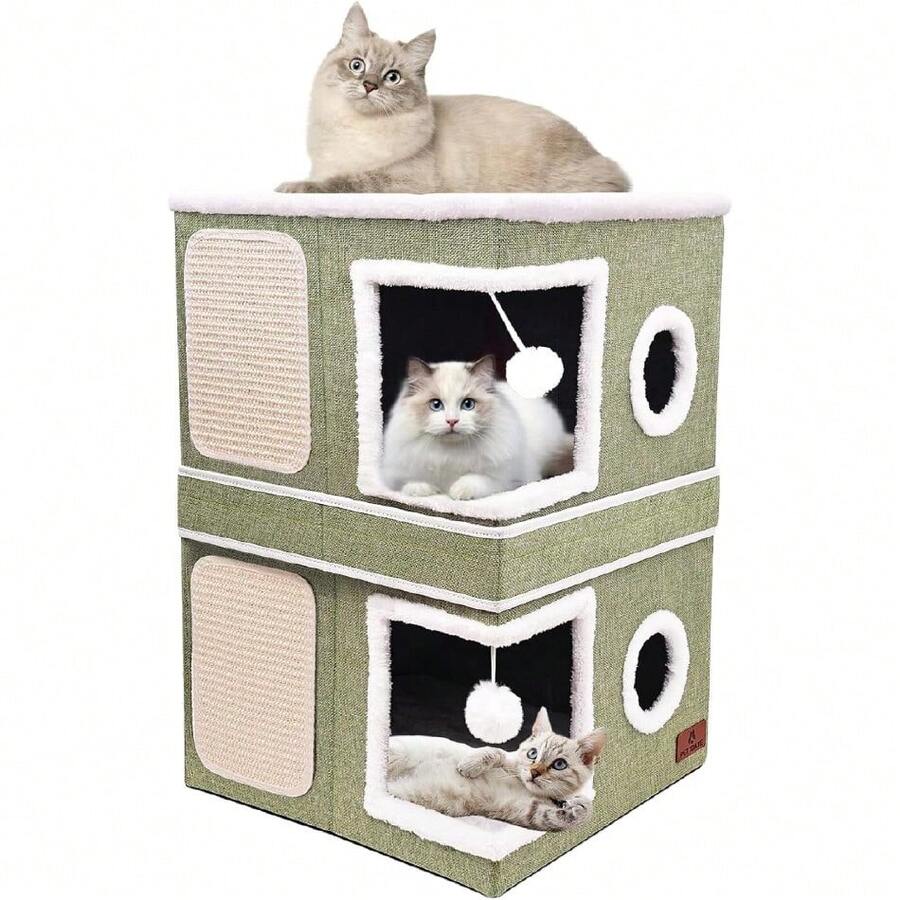 2-Story Cat House For Indoor Cats, Dual-Purpose Cave Bed With Scratch Pad And Fluffy Ball, Foldable Cat Hideaway, Cute Condo Furniture For Multi Small Pet Kitten, Green,28012215 - 軍綠色 - 查看 1