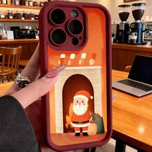 Cubierta de telefono con diseño de Santa Claus en chimenea color naranja y negro para iPhone 14 Pro Max estilo navideño para uso diario y regalo de temporada - Negro - Ver 4