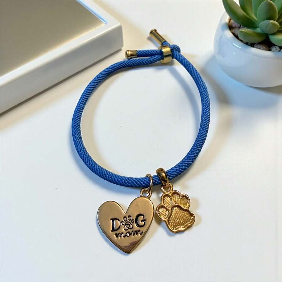 Pulsera de cordón con dije en forma de huella de pata y corazón apto para dueños de perros amorosos - Azul - Ver 1