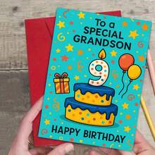 بطاقة تهنئة عيد ميلاد احتفالية مع مغلف (11 سم * 16 سم) - "عيد ميلاد سعيد لحفيد خاص"، مشهد احتفالي مع كعكة وبالونات، مثالية للعائلة والحفيد، مناسبة لاحتفالات عيد الميلاد، بطاقة تهنئة عيد ميلاد | بطاقة كعكة عيد الميلاد | بطاقة ترحيب ورقية