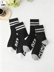 2 Pairs Of Letter Socks, Black And White Color Matching, Breathable And Comfortable, Suitable For All Seasons, Indoor, Outdoor, Cycling, Shopping, And Sports Youth (18-40 Years Old) - Black and White - View 1