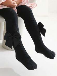 1件装女童纯色蝴蝶结打底裤，婴幼儿紧身裤，透气舒适，四季皆宜，适合日常穿着