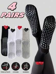 1/4 双装多色女士普拉提防滑瑜伽袜，普拉提粘性袜，荷叶边爱心图案，抓地力强，压缩袜，适用于舞蹈、健身、芭蕾、健身房、哺乳期，成人/女士圣诞礼物 - 彩色 - 查看 1