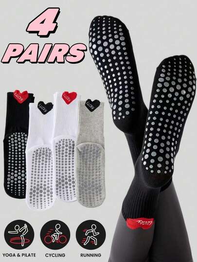 1/4 双装多色女士普拉提防滑瑜伽袜，普拉提粘性袜，荷叶边爱心图案，抓地力强，压缩袜，适用于舞蹈、健身、芭蕾、健身房、哺乳期，成人/女士圣诞礼物