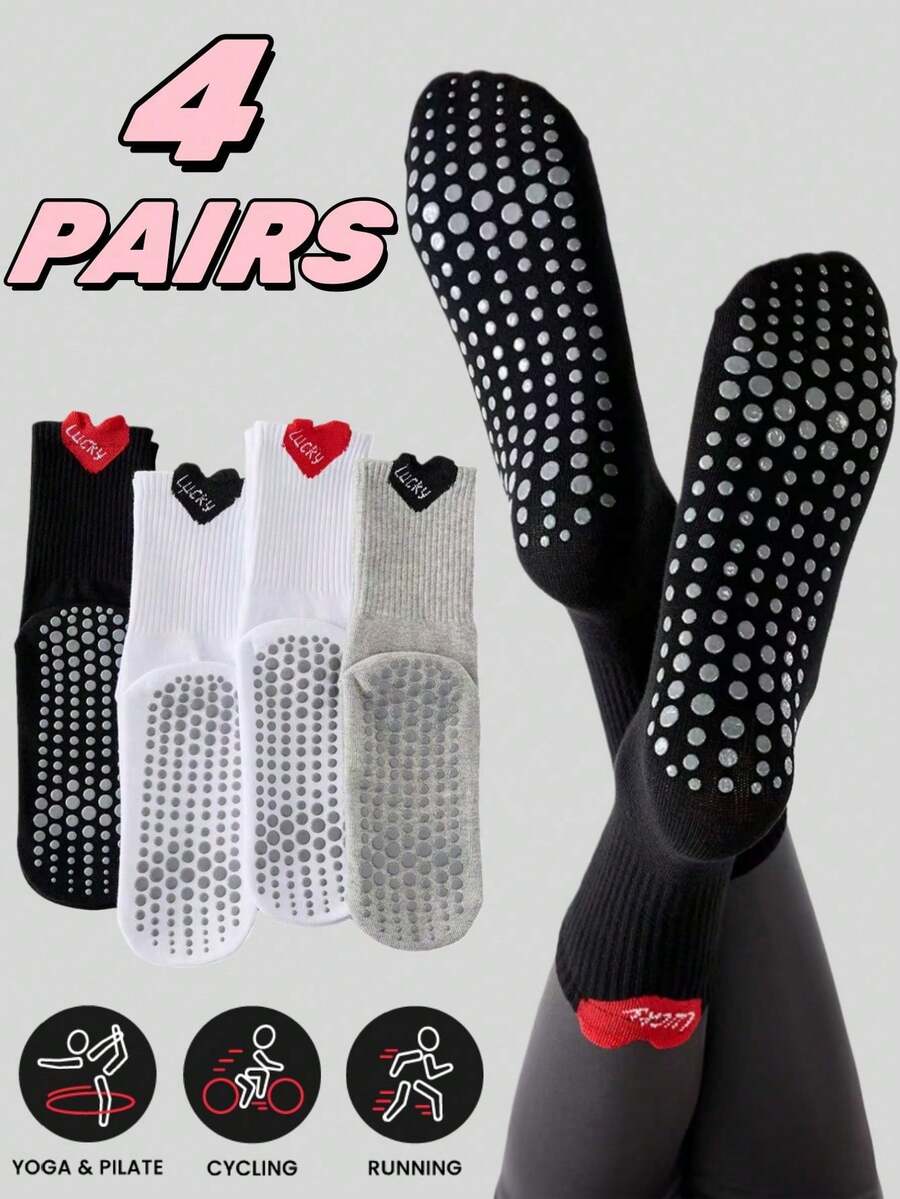 1/4 双装多色女士普拉提防滑瑜伽袜，普拉提粘性袜，荷叶边爱心图案，抓地力强，压缩袜，适用于舞蹈、健身、芭蕾、健身房、哺乳期，成人/女士圣诞礼物 - 彩色 - 查看 1