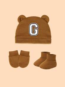 3件套新生儿礼盒，包含1顶白色经典字母装饰婴儿帽、1副防抓手套、1双连体衣，男女宝宝均可佩戴，时尚个性，适合节日、新生儿礼物和日常穿着。 - 咖色 - 查看 23