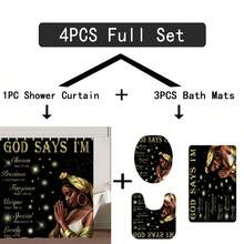 1/4pcs African-American Female Pattern Shower Curtain Set, Waterproof Shower Curtain With 12 Hooks, Non-Slip Bathroom Carpet, Toilet U-Shaped Cushion, Toilet Seat Cover Cushion, Bathroom Decoration, Bathroom Shower Curtain Set, Perfect Moving Gift. - 黑色 - 查看 8