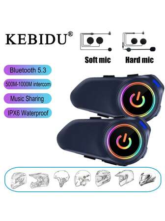 2个装摩托车蓝牙5.3头盔对讲耳机，支持音乐共享、免提通话，防水，带氛围灯