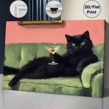 1pc Vintage-Style Black Cat On Sofa Wall Art, Frameless Canvas Print With Green & Pink Cocktail Design, Modern Aesthetic For Living Room Or Bedroom Decor, Indoor Wall Art | Playful Design | Frameless Art, Cat Decor - Multicolor - View 1