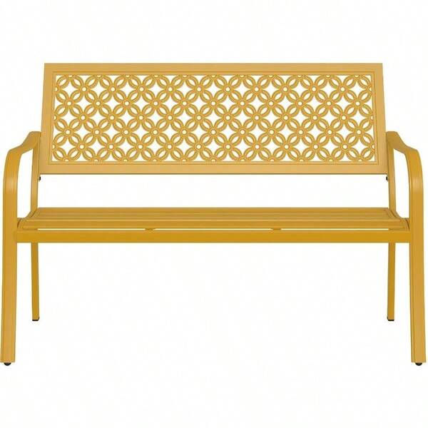 50" Outdoor Bench Garden Benches With AntiRust Metal Powder Coated Frame Patio Bench For Front Porch Park Outside Furniture Decor Sunflower Yellow