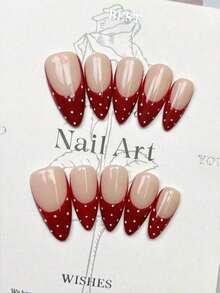 10pcs Handmade Nails Oval Almond Stiletto Nails Press On Nails Medium Short Long, Gentle Red Nails, Red French Tip Nails, White Polka, Simple Elegant Handcrafted Autumn Nails, Fall Press On Nails, Nails, Y2K Style Festival Nail Party Daily & Dating Use Beach Tropical Getaway Suitable,False Nail Art Suitable Women & Girls As Nail Supplies - 紅色 - 查看 9