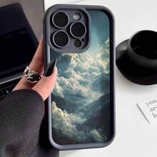 Cubierta de teléfono con borde negro diseño de montañas y nubes impresión paisaje natural para uso diario y viajes - Blanco - Ver 3